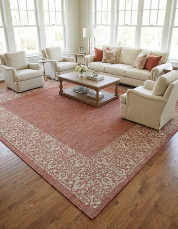 Rust Red Easy-Clean Border Indoor / Outdoor Square Rug
