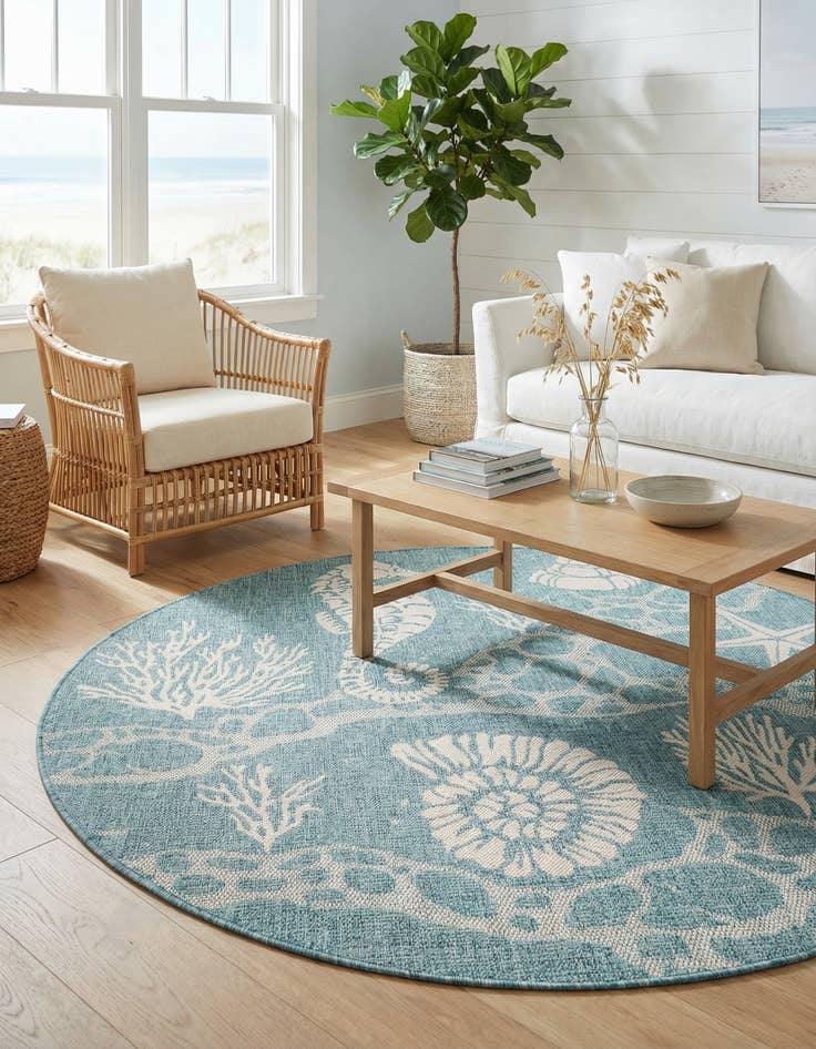Detail image of 5' 3 x 5' 3  Washable Coastal Indoor / Outdoor Round Rug