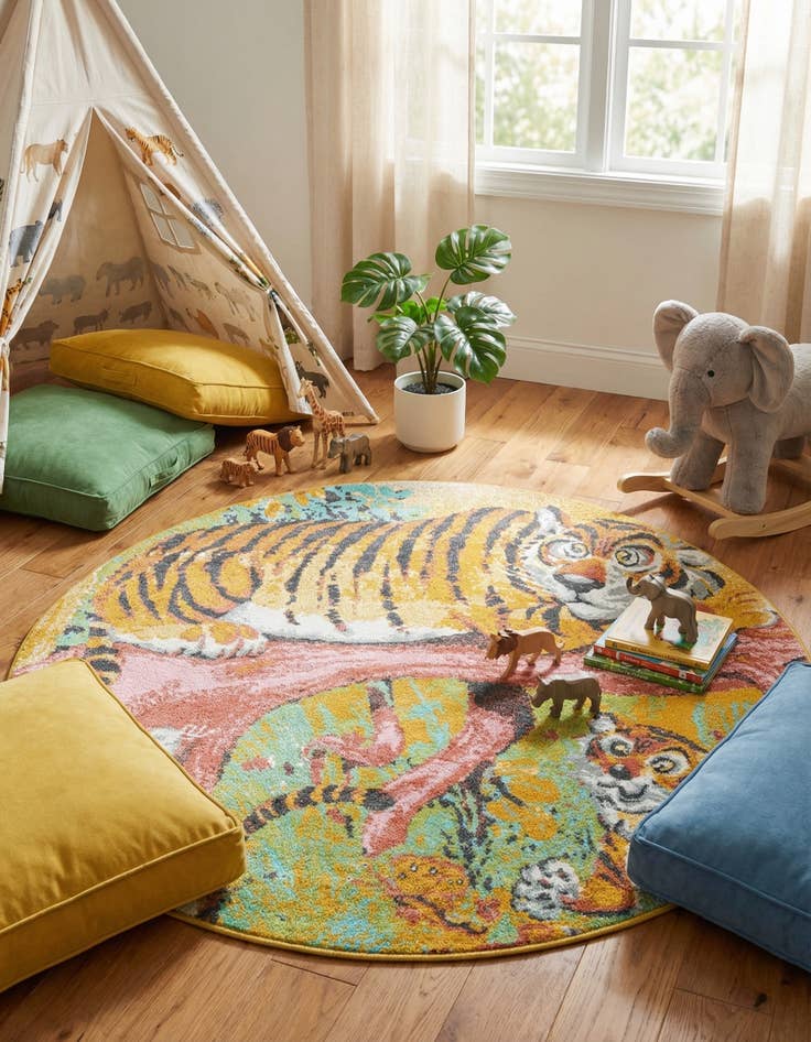 Detail image of 6' 1 x 6' 1 Tiger Whimsy Kids Round Rug
