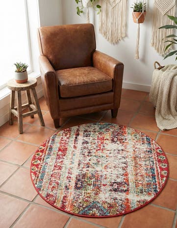Cherry Pink Washable Santa Fe Round Rug