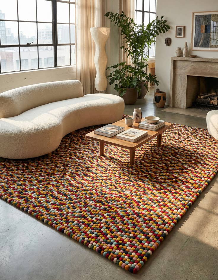 Detail image of 10' x 13' 1 Hand Woven Felt Ball Wool Rug