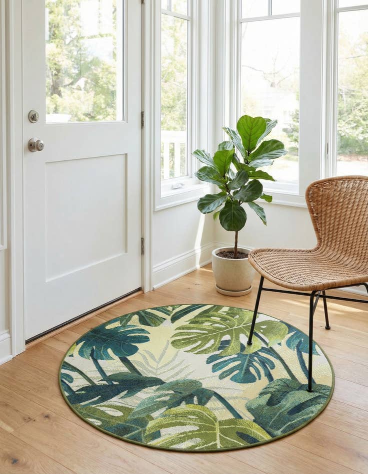 Detail image of 3' x 3' Washable Botanical Indoor / Outdoor Round Rug