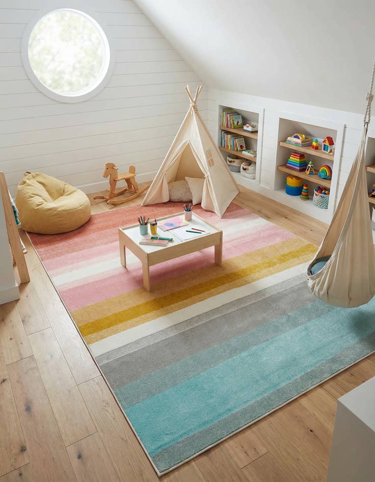 Detail image of 7' 10 x 10' Rainbow Stripes Whimsy Kids Rug