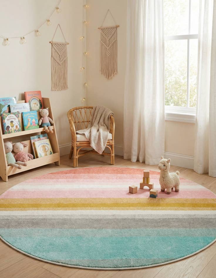 Detail image of 6' 1 x 6' 1 Rainbow Stripes Whimsy Kids Round Rug
