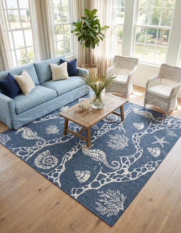 Navy Blue Easy-Clean Coastal Indoor / Outdoor Square Rug