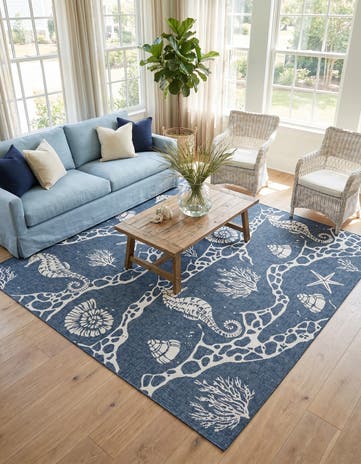 Navy Blue Easy-Clean Coastal Indoor / Outdoor Square Rug