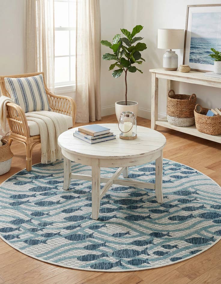 Detail image of 4' 1 x 4' 1 Washable Coastal Indoor / Outdoor Round Rug