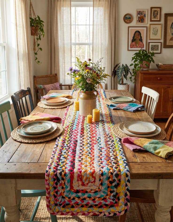 Detail image of 1' 2 x 6' 1  Hand Braided Chindi Table Runner Rug