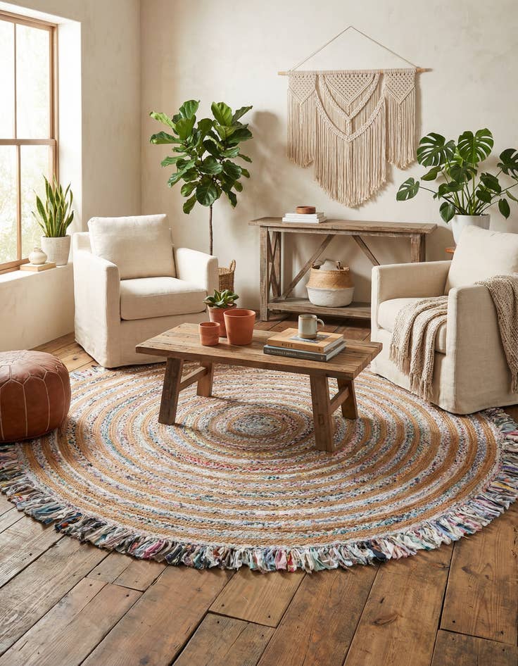 Detail image of  10' x 10'  Hand Braided Chindi Jute Round Rug