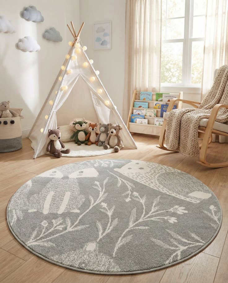 Detail image of 5' 3 x 5' 3 Animals Whimsy Kids Round Rug