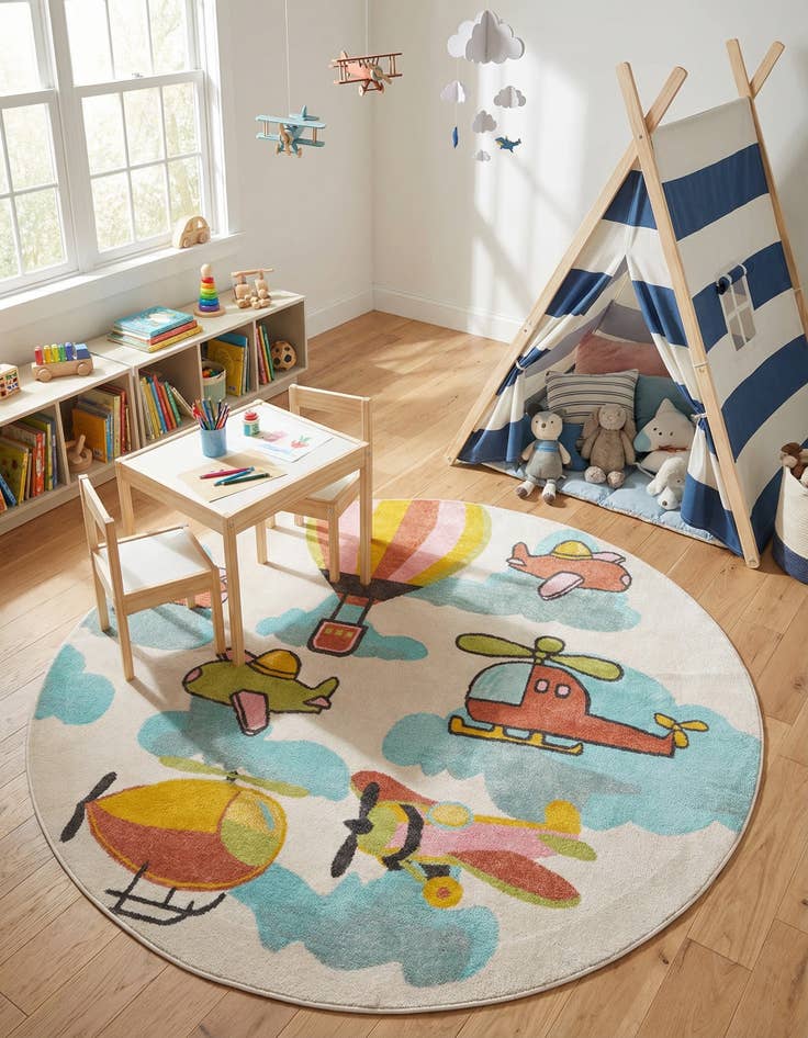 Detail image of 7' 10 x 7' 10 Airplanes Whimsy Kids Round Rug