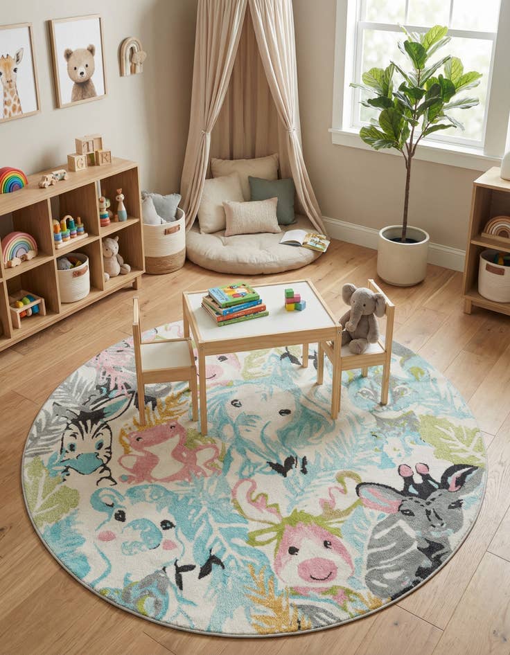 Detail image of  7' 10 x 7' 10 Animals Whimsy Kids Round Rug