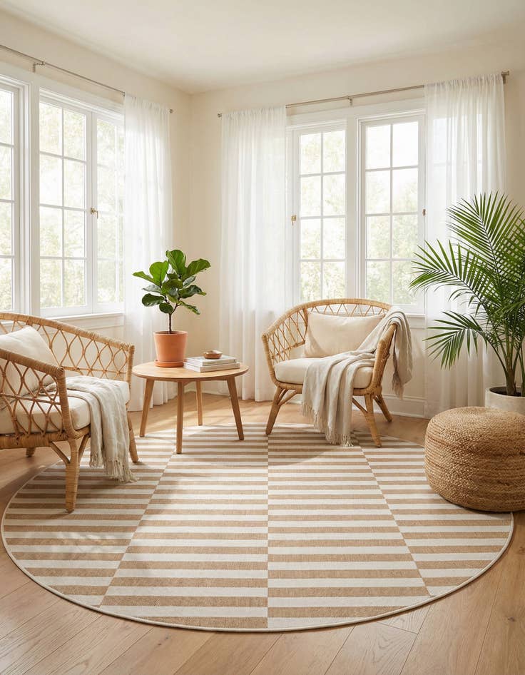 Detail image of 7' 10 x 7' 10 Easy-Clean Striped Indoor / Outdoor Round Rug