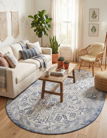 Blue Easy-Clean Aztec Indoor / Outdoor Oval Rug
