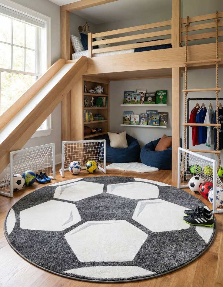 Detail image of 7' 10 x 7' 10 Soccer Ball Whimsy Kids Round Rug