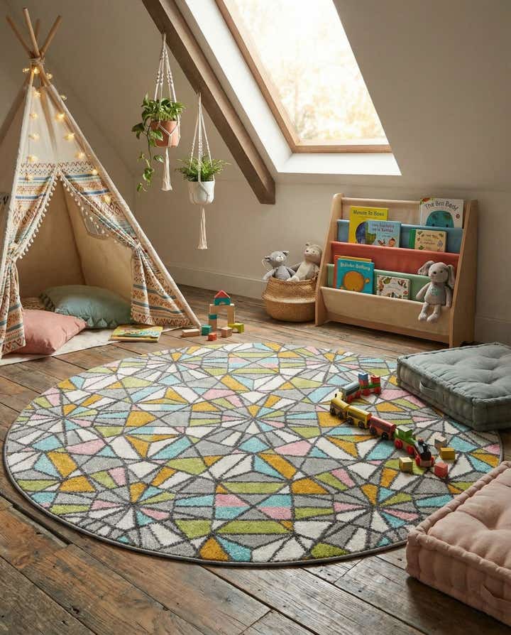 5' 1 x 5' 1 Stained Glass Whimsy Kids Round Rug