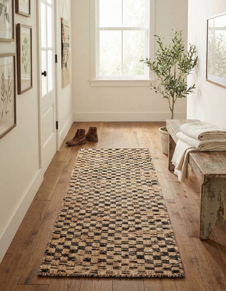 Detail image of 2' x 6' 1 Hand Woven Checkered Jute Wool Runner Rug