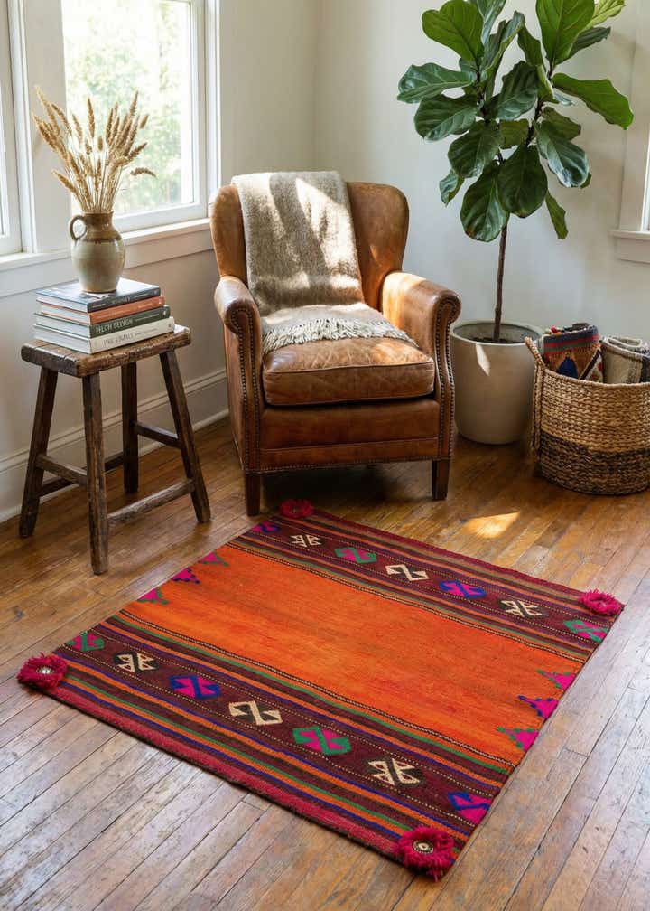 3' 8 x 3' 8 Hand Woven Kilim Fars Wool Square Rug