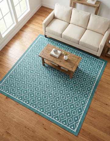 Teal Easy-Clean Lattice Indoor / Outdoor Square Rug