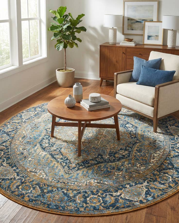 Detail image of 7' 10 x 7' 10 Easy-Clean Traditional Indoor / Outdoor Round Rug