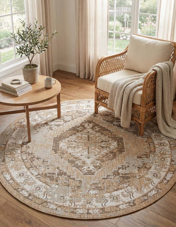 Detail image of 7' 10 x 7' 10 Easy-Clean Traditional Indoor / Outdoor Round Rug