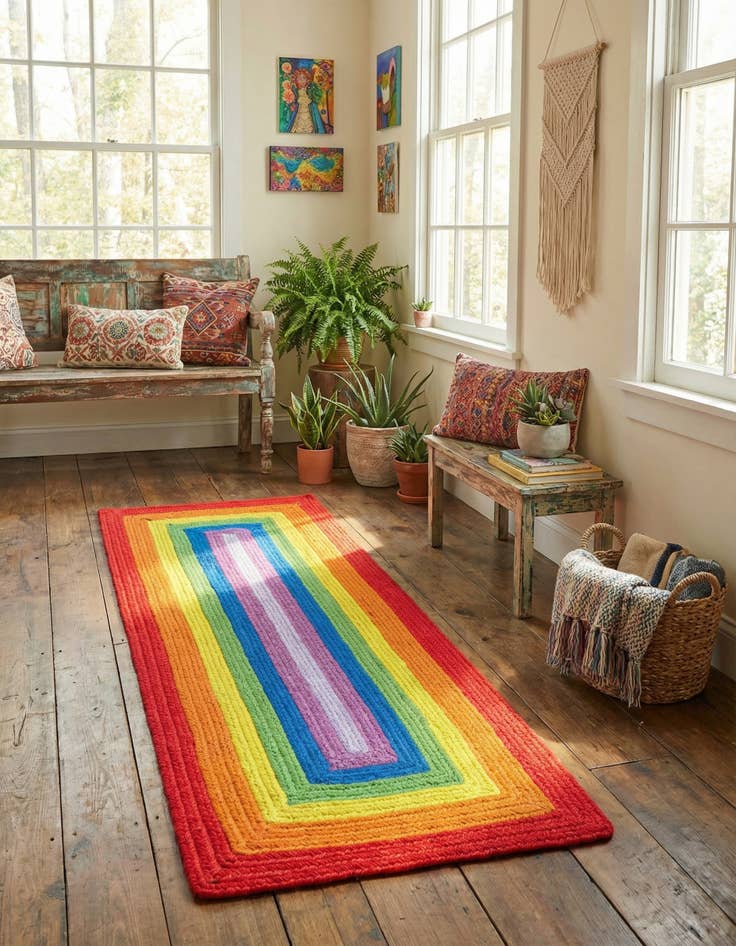 Detail image of 2' x 5' 1 Handmade Hand Braided Rainbow Wool Runner Rug