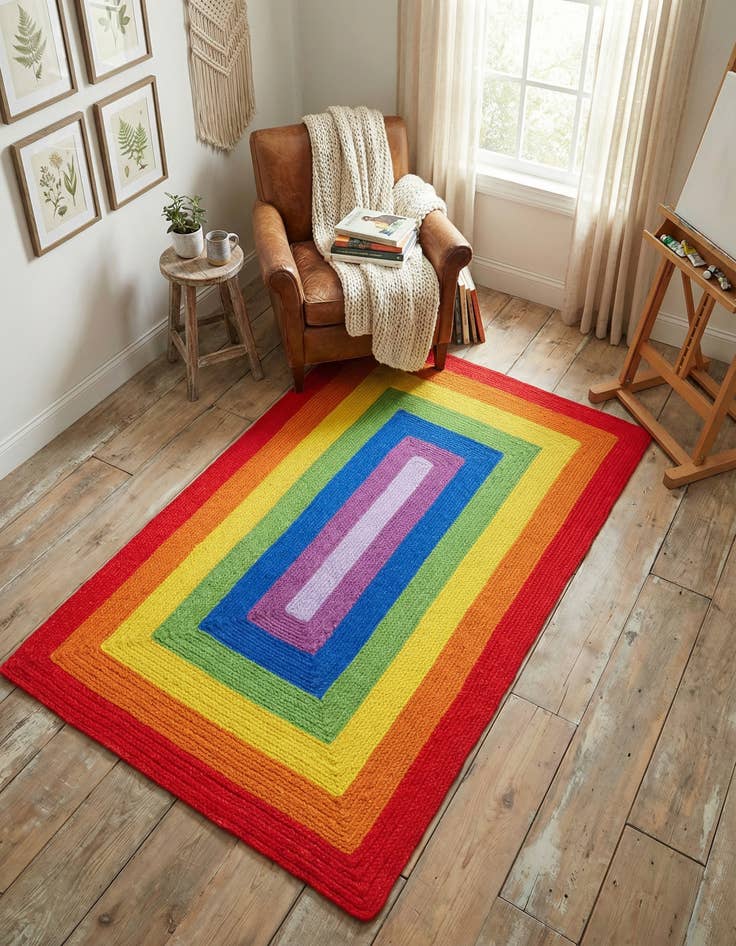 Detail image of 4' 1 x 6' 1 Handmade Hand Braided Rainbow Wool Rug