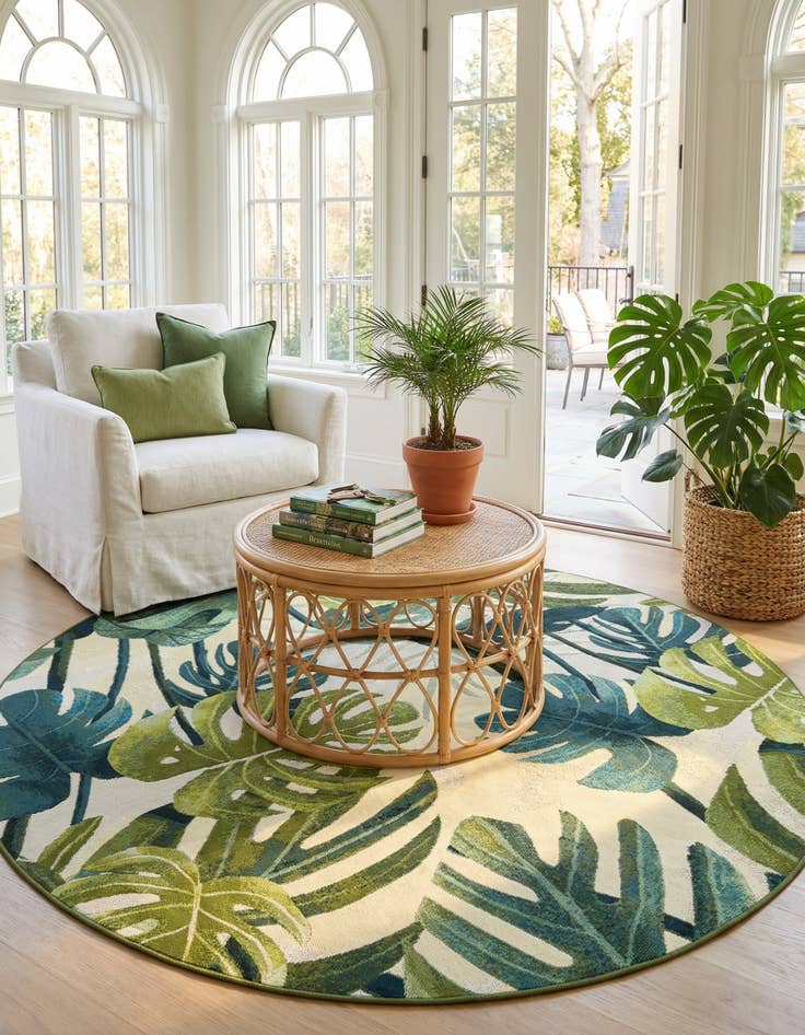 Detail image of 7' x 7' Washable Botanical Indoor / Outdoor Round Rug