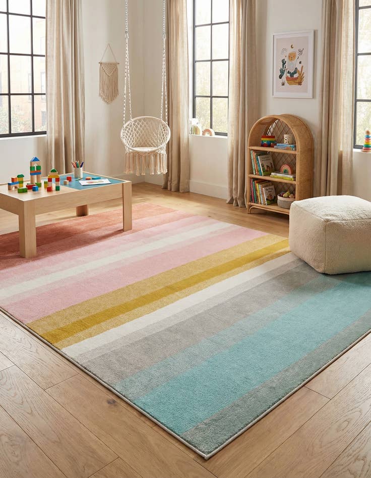 Detail image of 9' x 12' Rainbow Stripes Whimsy Kids Rug