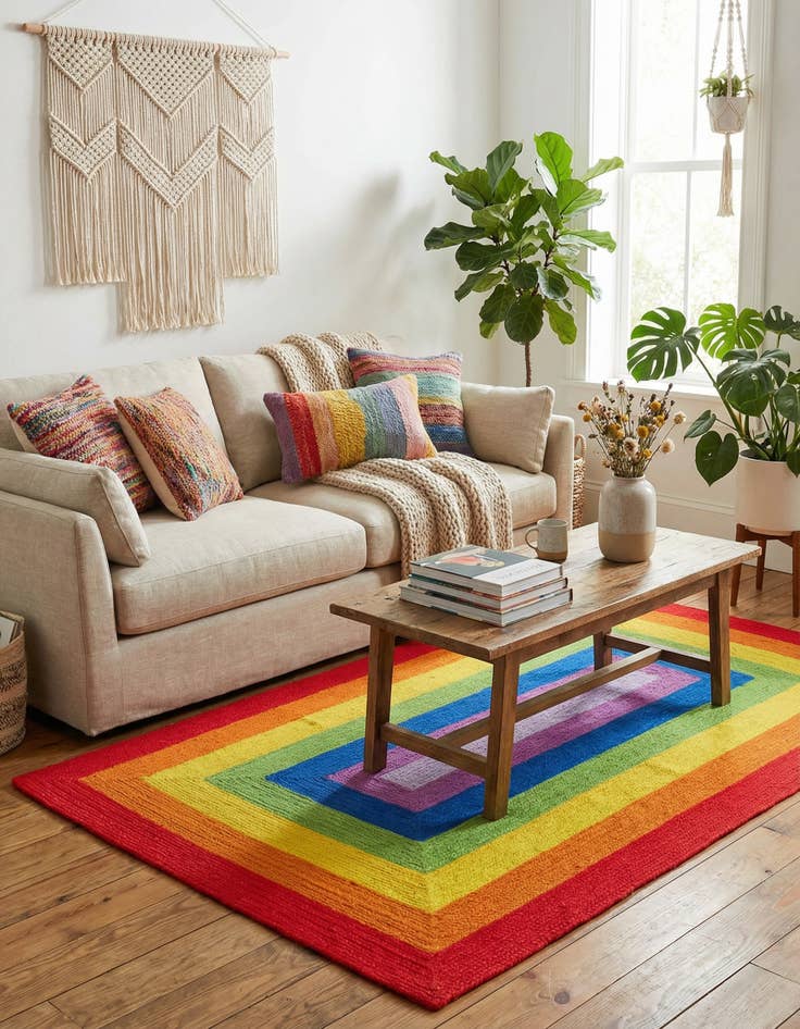 Detail image of  5' 1 x 8'  Hand Hand Braided Rainbow Wool Rug