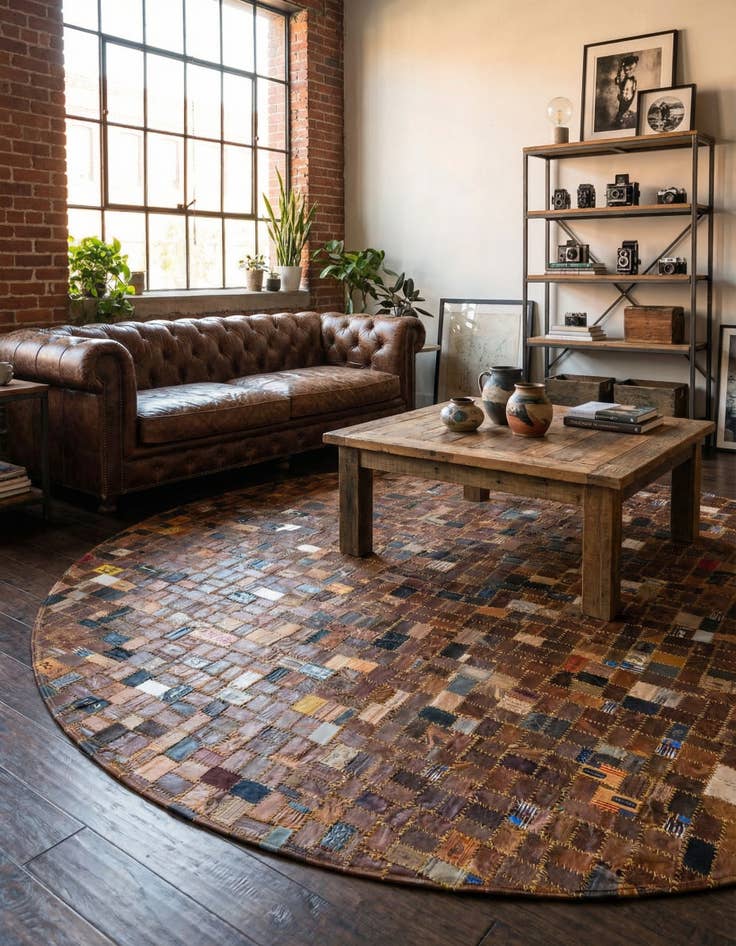 Detail image of 7' 10 x 7' 10 Jean Leather Tag Round Rug