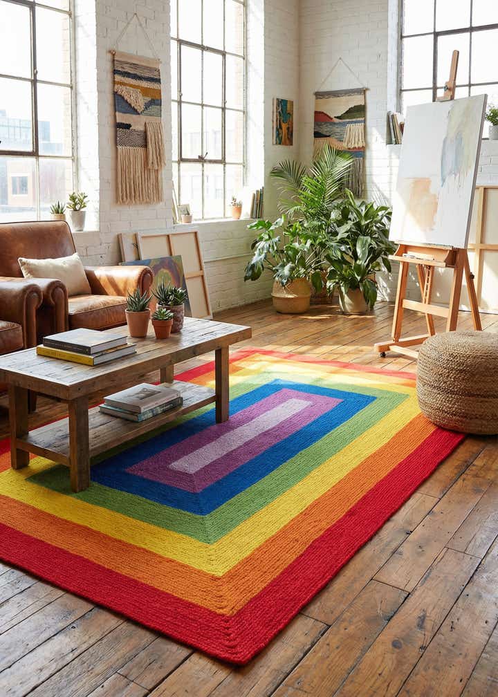 6' 1 x 9' Handmade Hand Braided Rainbow Wool Rug