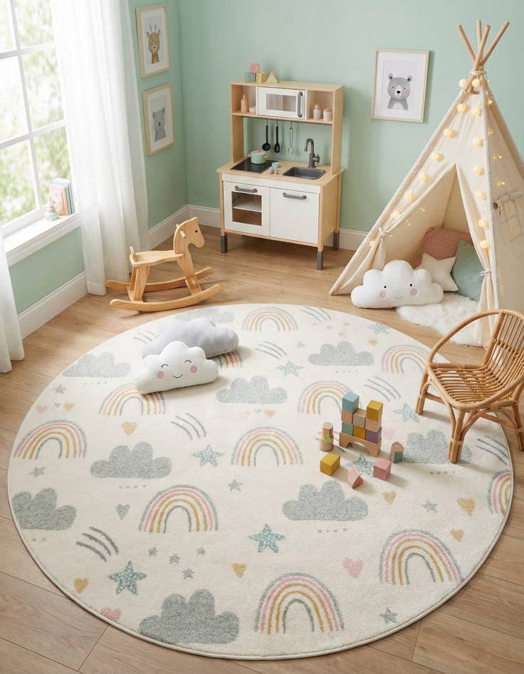Detail image of 7' 10 x 7' 10 Clouds and Rainbows Whimsy Kids Round Rug