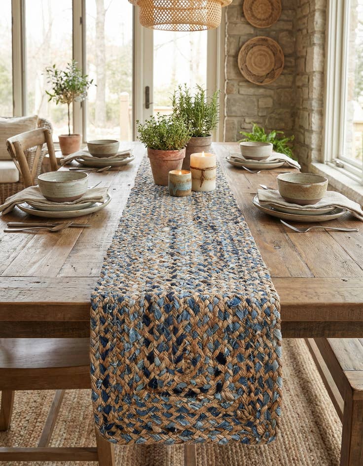 Detail image of  1' 2 x 10'  Hand Braided Chindi Table Runner Rug
