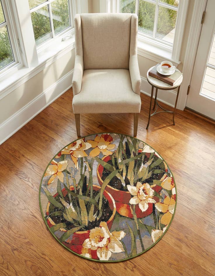 Detail image of 3' x 3' Washable Botanical Indoor / Outdoor Round Rug