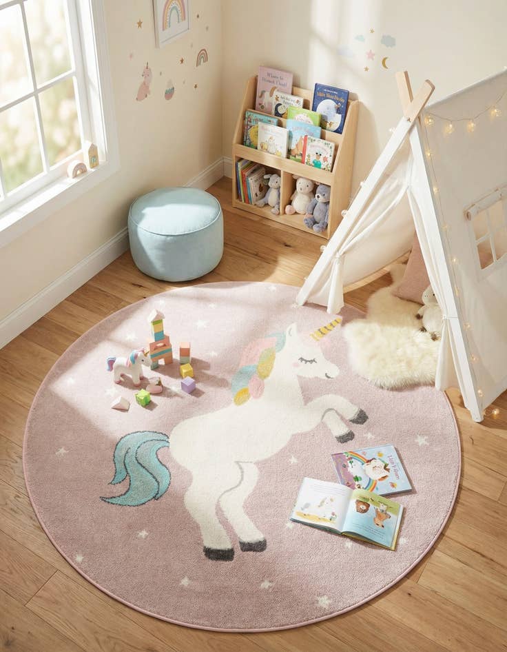 Detail image of 5' 3 x 5' 3 Unicorn Whimsy Kids Round Rug