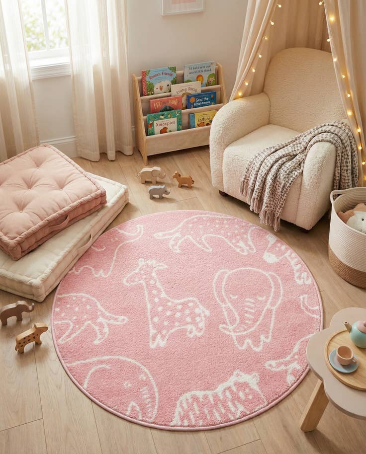 Detailfoto van 100cm x 100cm Animals Whimsy Kids Rond Vloerkleed