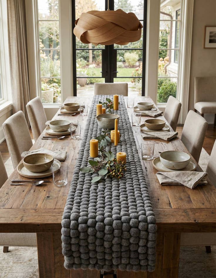Detail image of 1' 2 x 10'  Hand Woven Felt Ball Wool Table Runner Rug