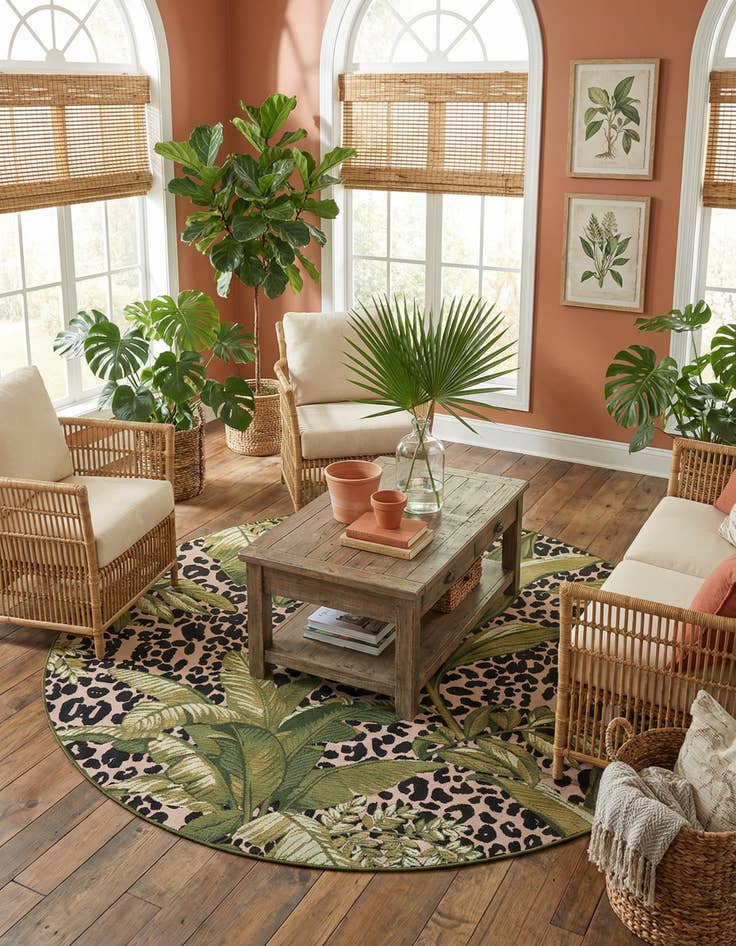 Detail image of 7' x 7' Washable Botanical Indoor / Outdoor Round Rug