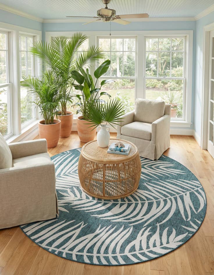 Detail image of 7' 10 x 7' 10 Washable Botanical Indoor / Outdoor Round Rug