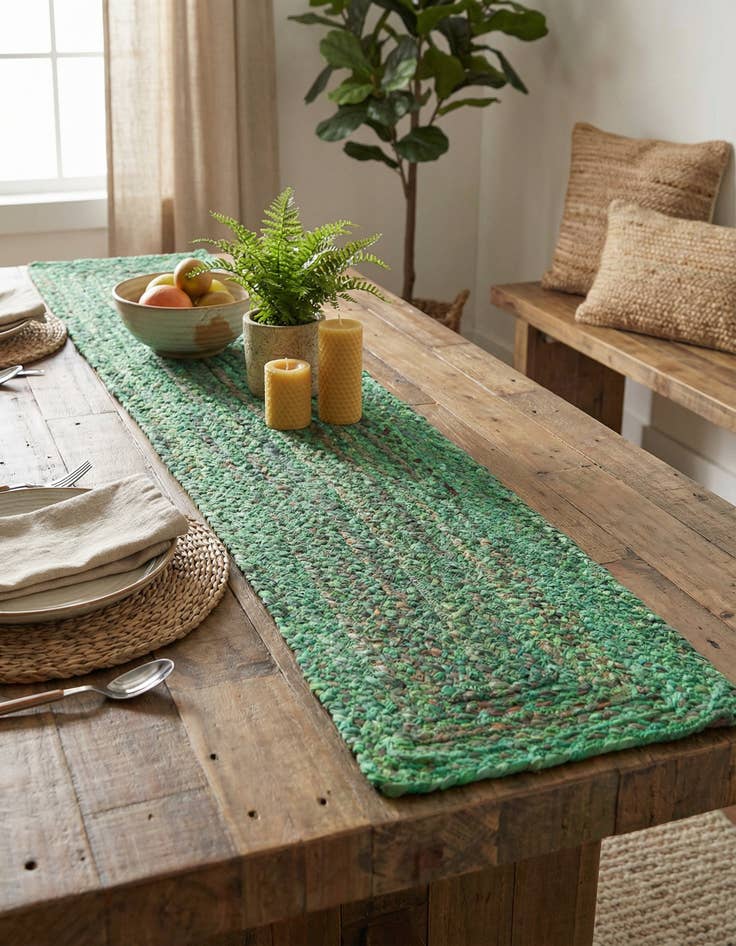 Detail image of 1' 2 x 6' 1  Hand Braided Chindi Table Runner Rug