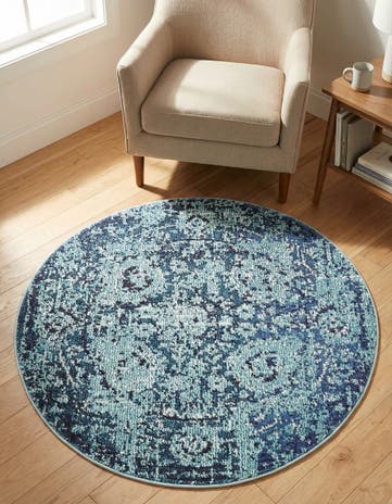 Blue Washable Fleur Round Rug