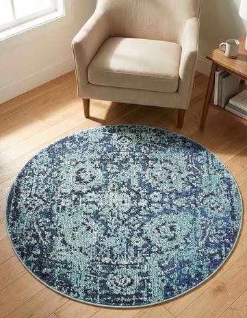 Blue Washable Fleur Round Rug