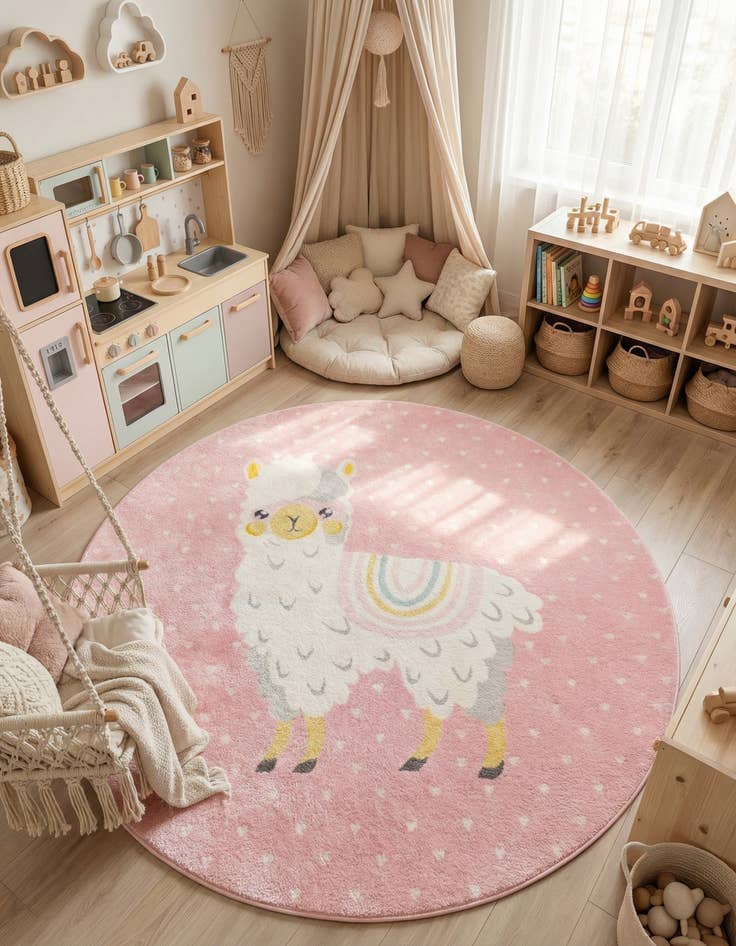 Detail image of  7' 10 x 7' 10 Llama Whimsy Kids Round Rug