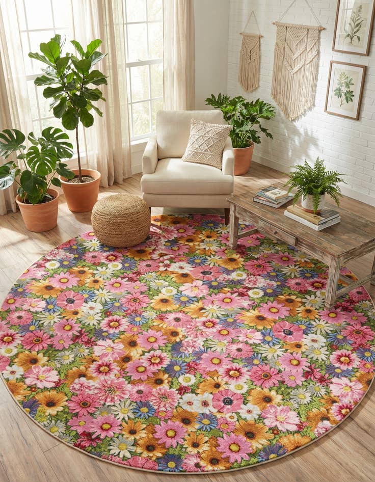 Detail image of 10' x 10' Washable Botanical Indoor / Outdoor Round Rug