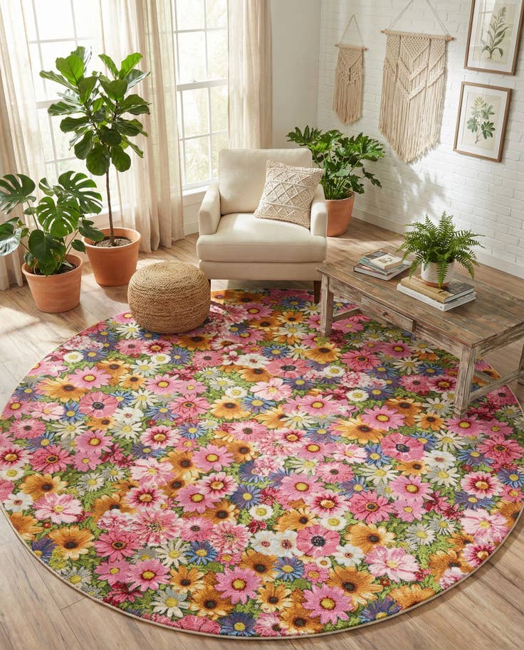 Detail image of 10' x 10' Easy-Clean Botanical Indoor / Outdoor Round Rug