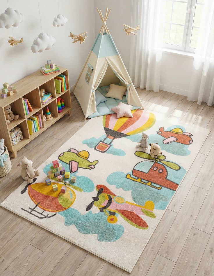 Detail image of 5' 3 x 8' Airplanes Whimsy Kids Rug