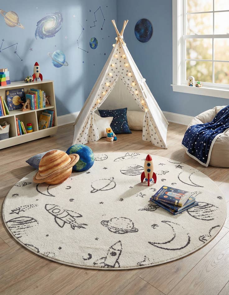 Detail image of 5' 3 x 5' 3 Planets Whimsy Kids Round Rug