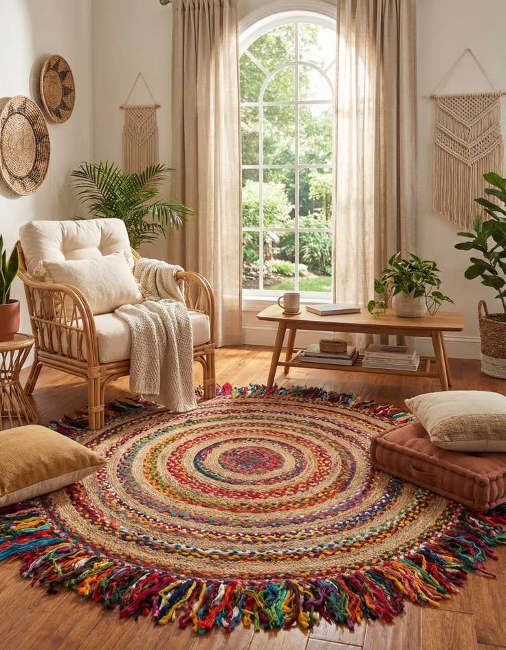 Detail image of  6' 1 x 6' 1  Hand Braided Chindi Jute Round Rug