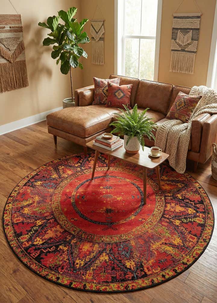 7' 10 x 7' 10 Easy-Clean Tribal Indoor / Outdoor Round Rug